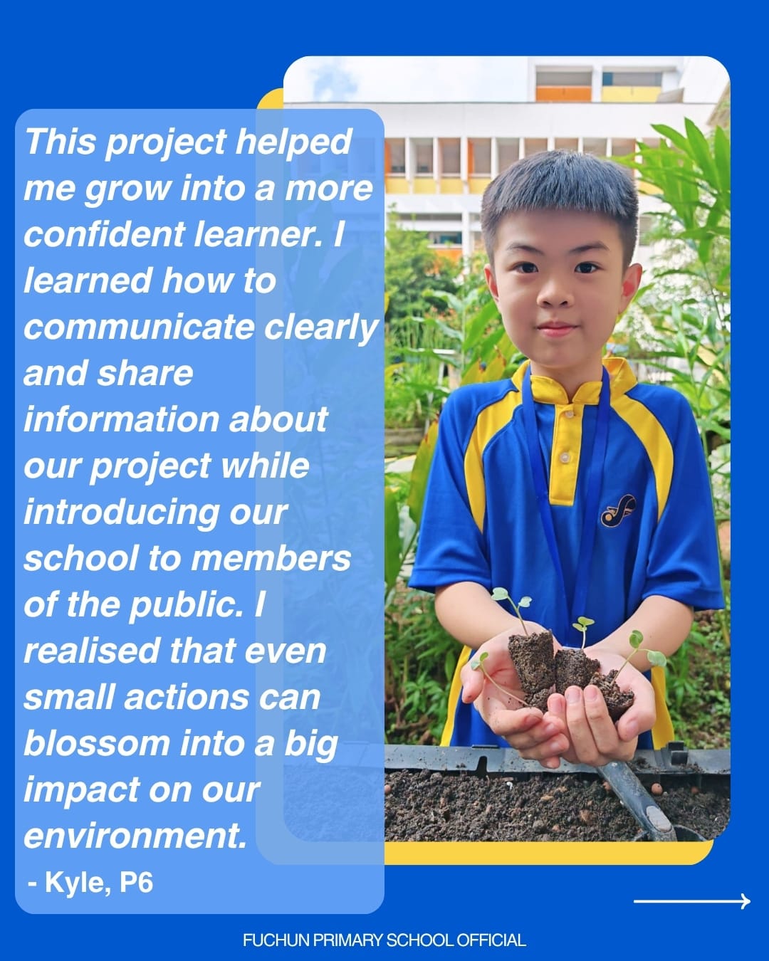 Student ambassador holding young seedlings and reflecting on his learning through the Fuchun Blossoms Project.